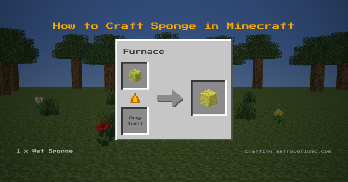 Minecraft crafting recipe for Sponge: 1 x Wet Sponge in a furnace, making 1 Sponge.