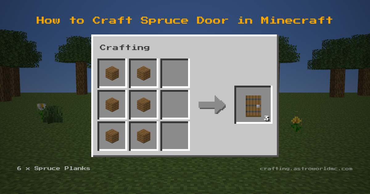 Minecraft crafting recipe for Spruce Door: 6 x Spruce Planks in a crafting table, making 3 Spruce Door.