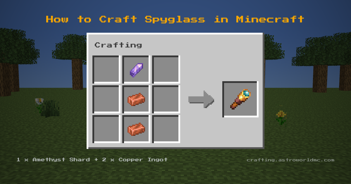 Minecraft crafting recipe for Spyglass: 1 x Amethyst Shard, 2 x Copper Ingot in a crafting table, making 1 Spyglass.