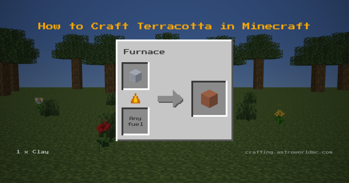 Minecraft crafting recipe for Terracotta: 1 x Clay in a furnace, making 1 Terracotta.