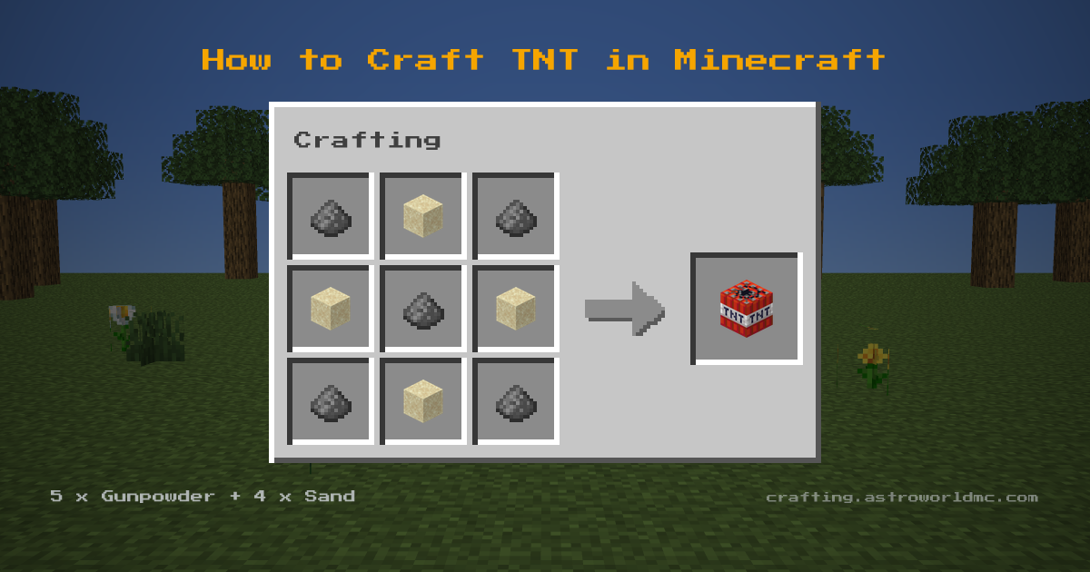 Minecraft crafting recipe for TNT: 5 x Gunpowder, 4 x Sand in a crafting table, making 1 TNT.