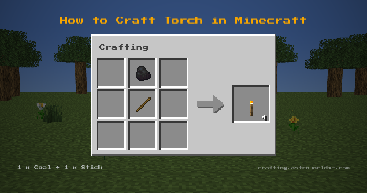 Minecraft crafting recipe for Torch: 1 x Coal, 1 x Stick in a crafting table, making 4 Torch.
