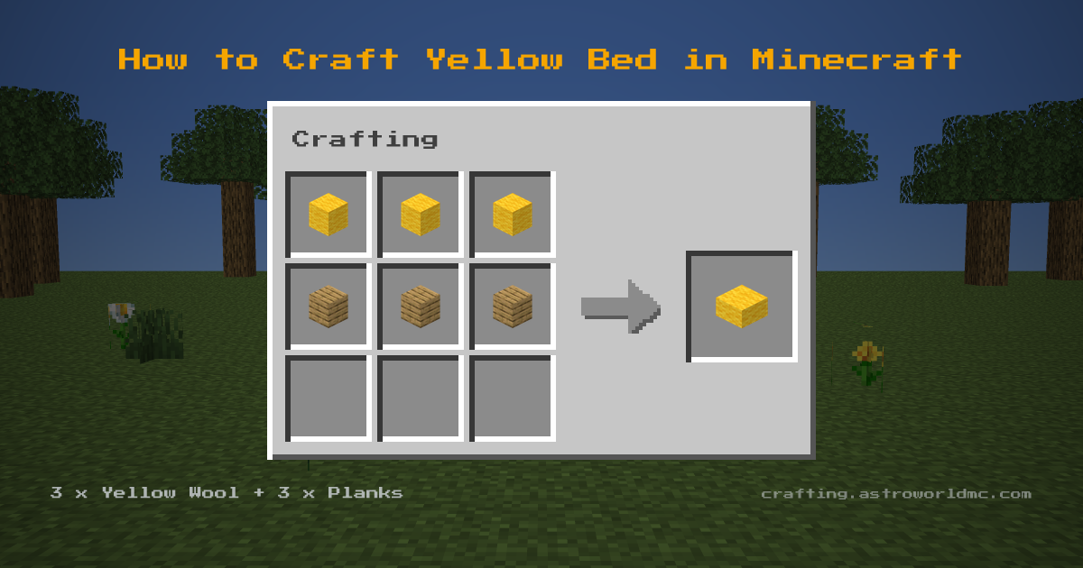 Minecraft crafting recipe for Yellow Bed: 3 x Yellow Wool, 3 x Planks in a crafting table, making 1 Yellow Bed.