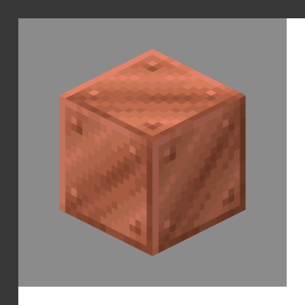 Block of Copper in Minecraft, drawn from the game's own block model. Decorative block that oxidizes over time. Minecraft has used the name Block of Copper since 1.17.