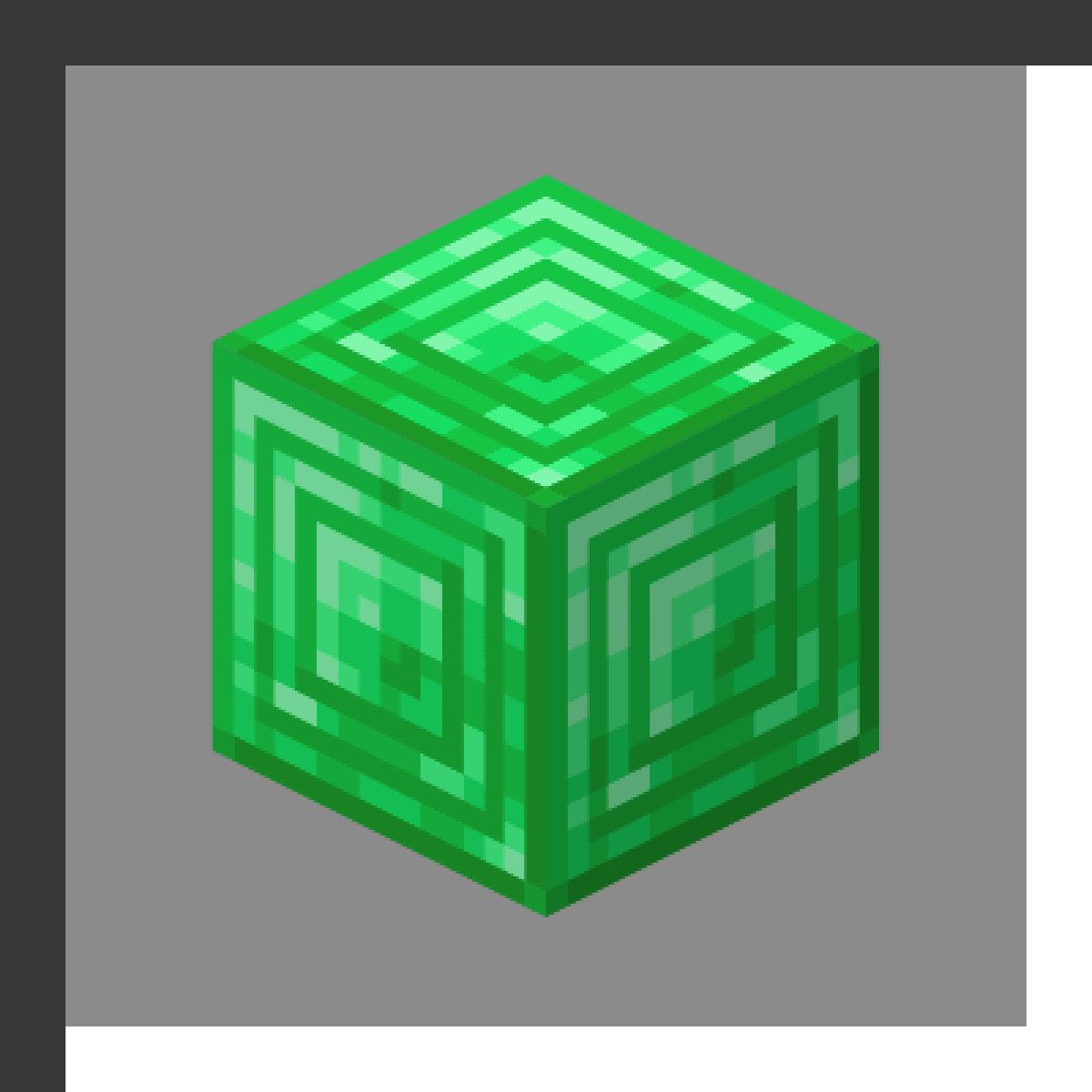 Block of Emerald in Minecraft, drawn from the game's own block model. Compact emerald storage. Minecraft has used the name Block of Emerald since 1.3.1.