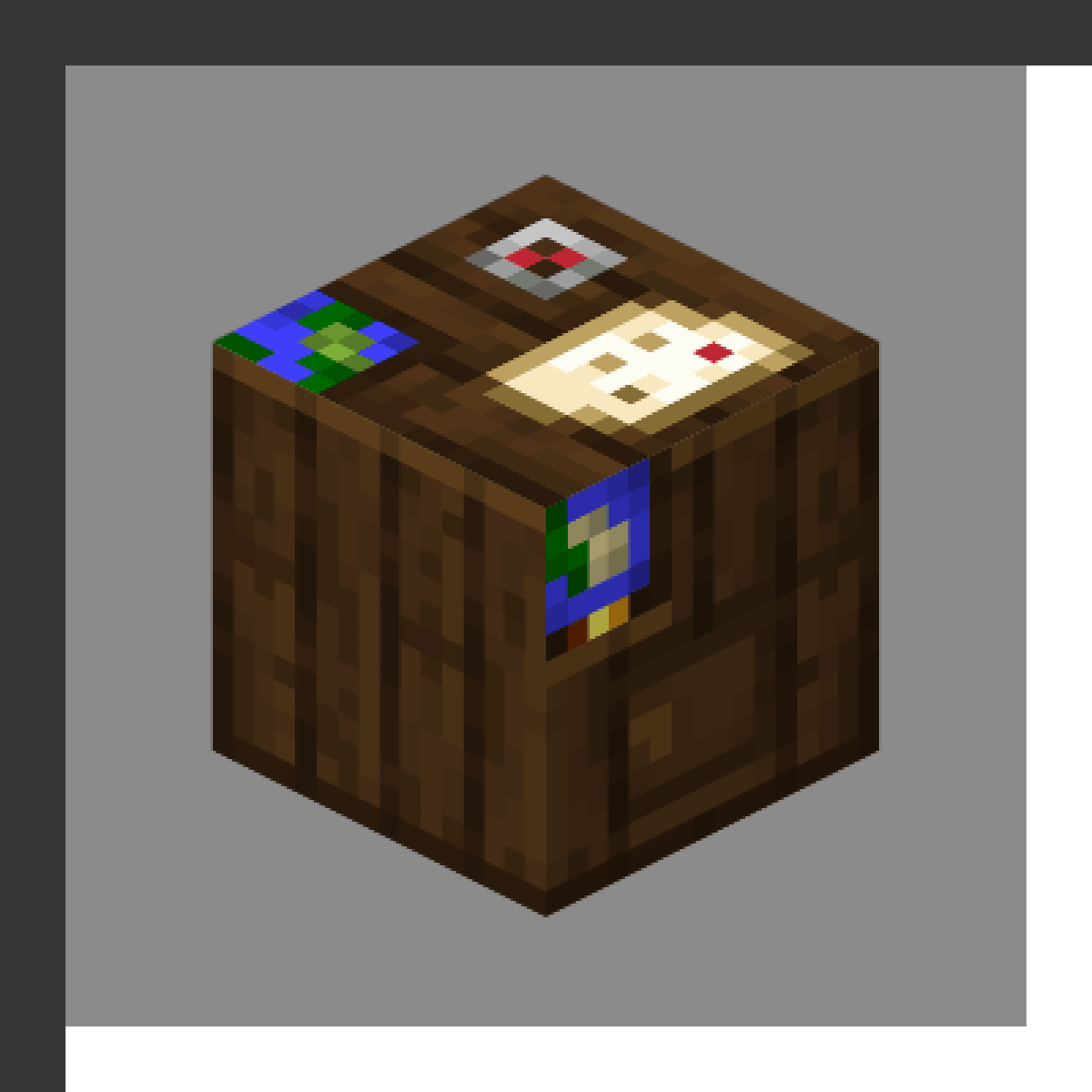 Cartography Table in Minecraft, drawn from the game's own block model. Expanding, copying and locking maps. The recipe first appears in the game's files in Minecraft 1.14.