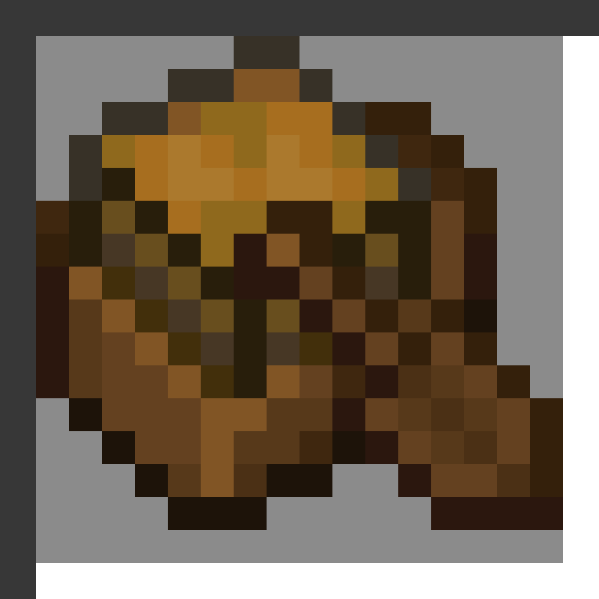 Dark Oak Boat with Chest in Minecraft, drawn from the game's own item texture. Water travel with 27-slot storage. Minecraft has used the name Dark Oak Boat with Chest since 1.19.
