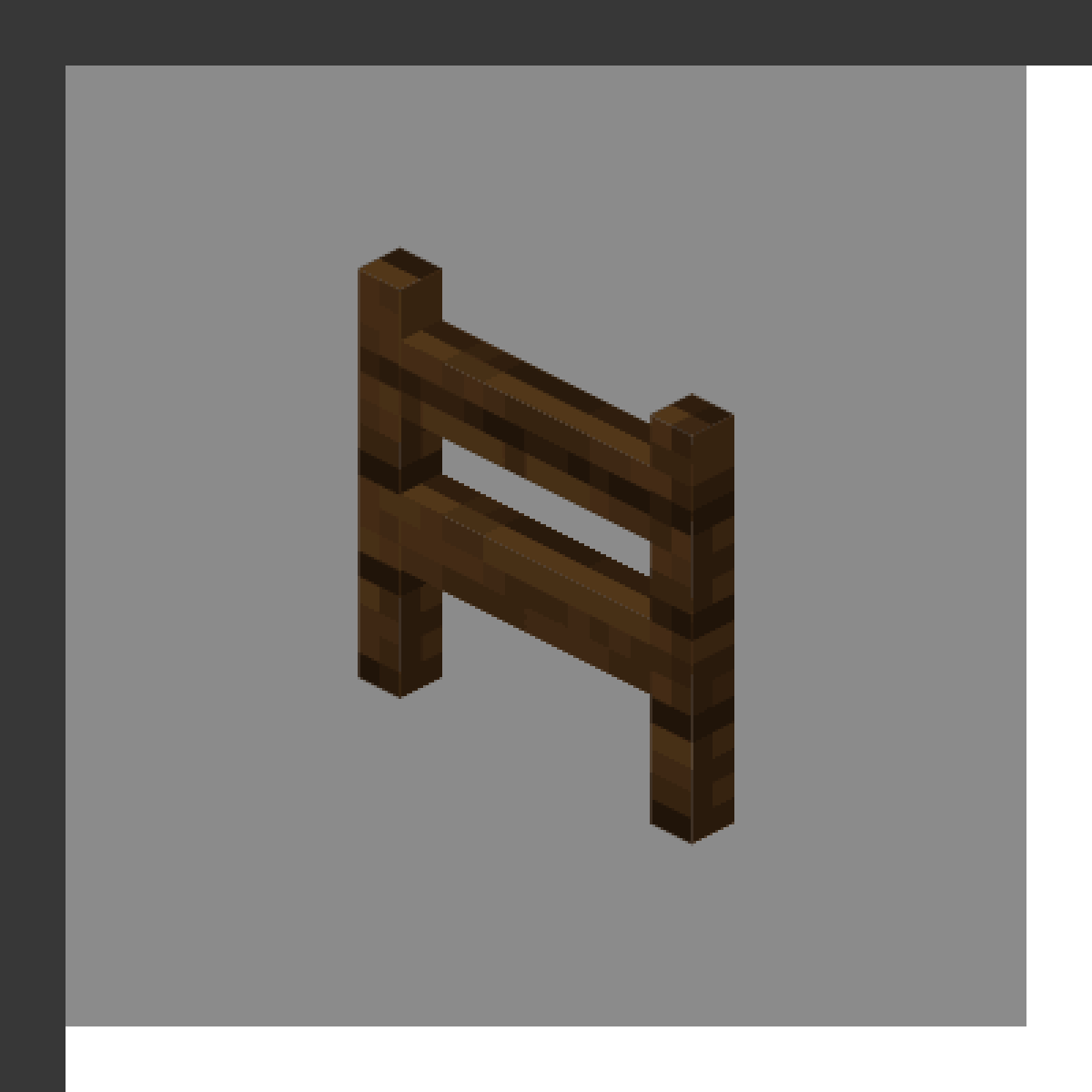 Dark Oak Fence Gate in Minecraft, drawn from the game's own block model. Gate for fence enclosures. Minecraft has used the name Dark Oak Fence Gate since 1.8.