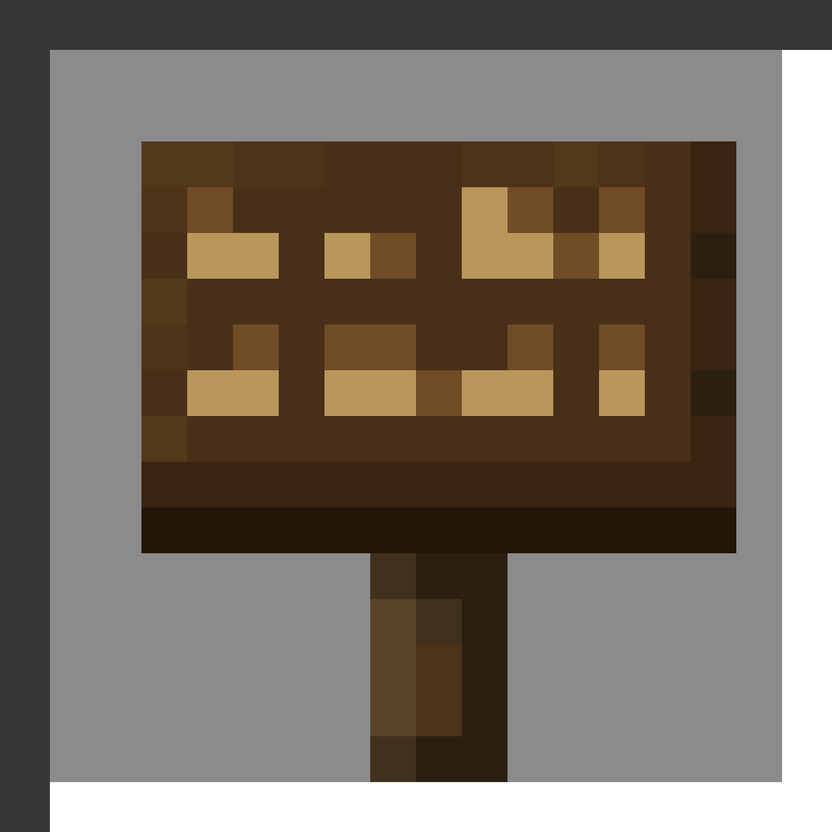 Dark Oak Sign in Minecraft, drawn from the game's own item texture. Displaying text (up to 4 lines). The recipe first appears in the game's files in Minecraft 1.14.