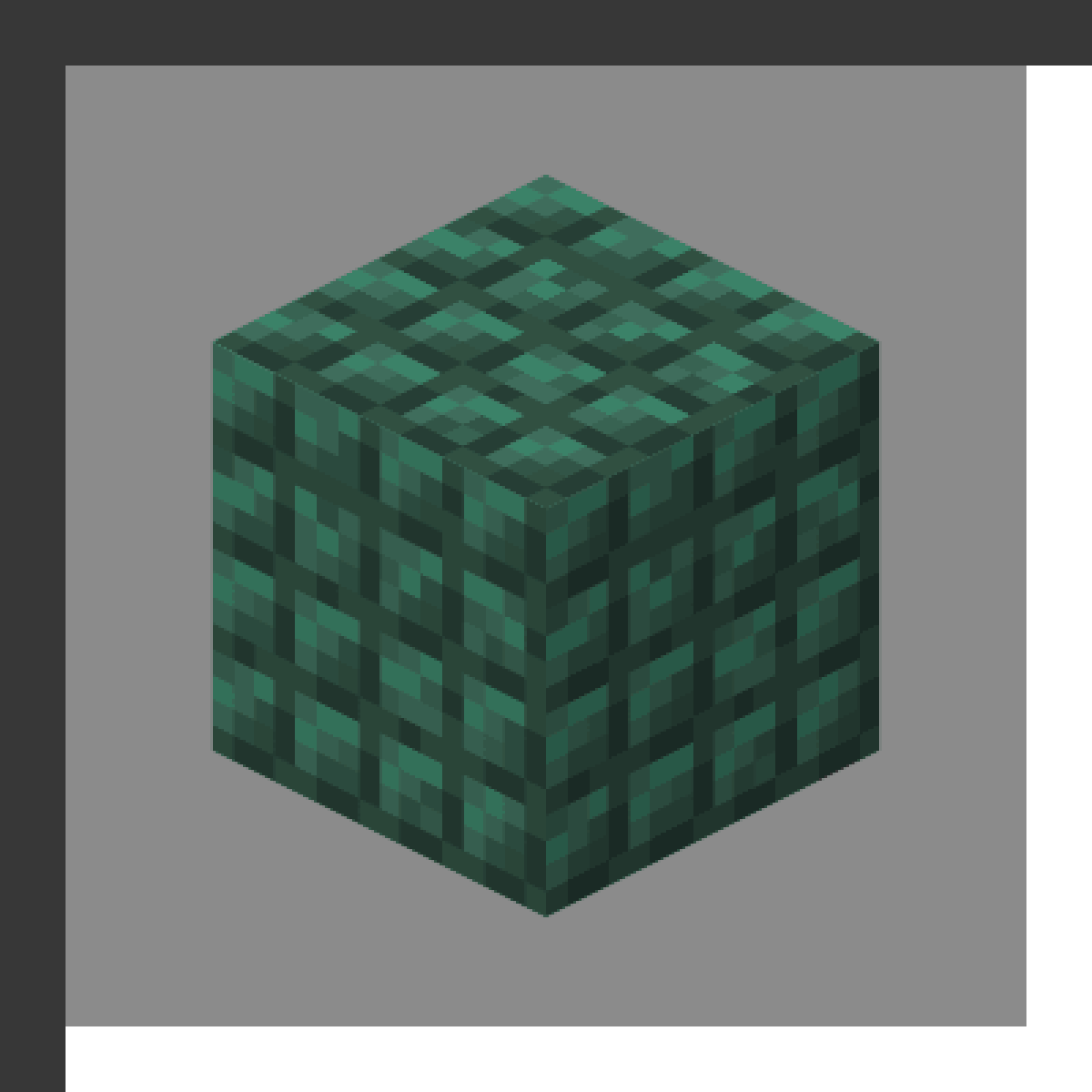 Dark Prismarine in Minecraft, drawn from the game's own block model. Dark aquatic building block. Minecraft has used the name Dark Prismarine since 1.8.