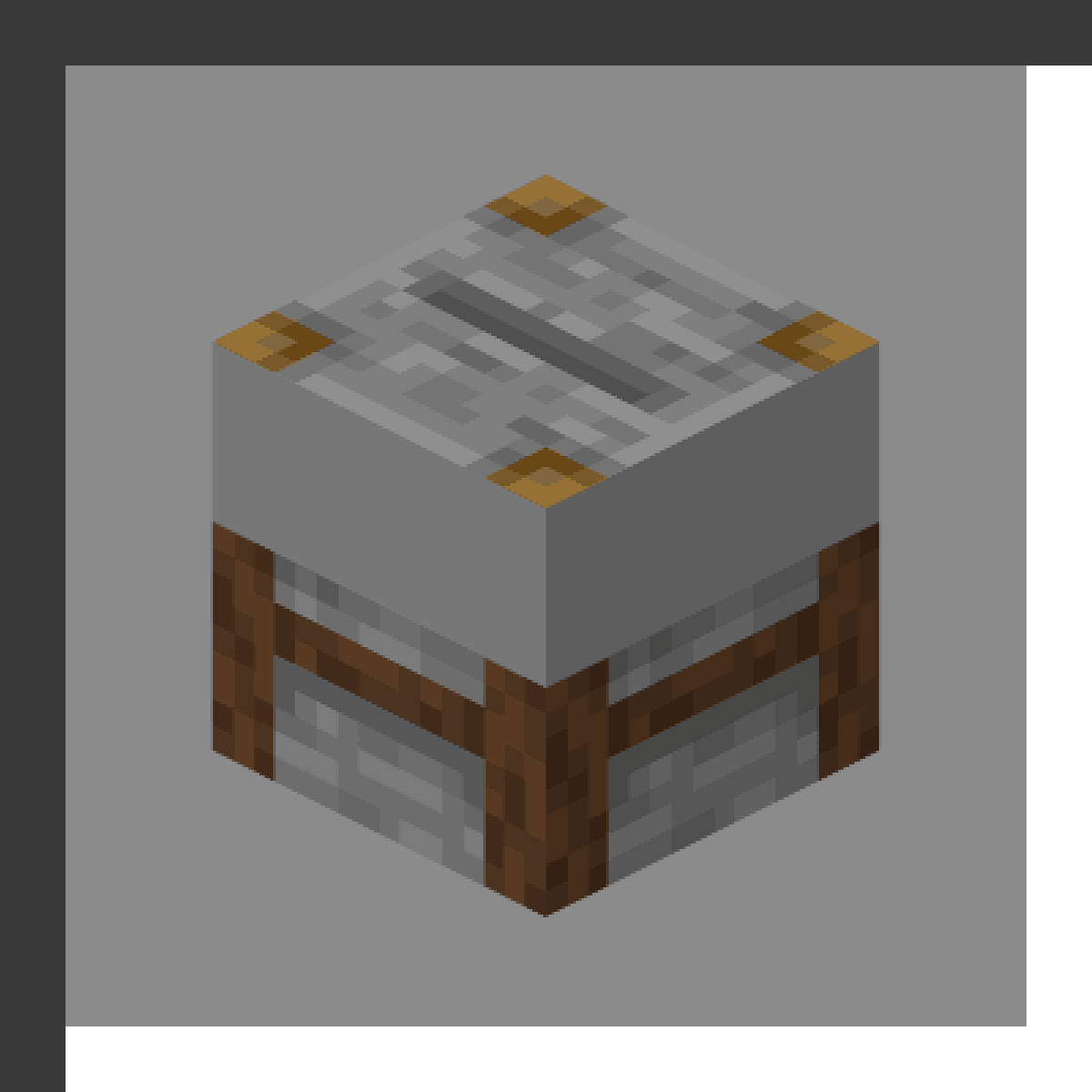 Stonecutter in Minecraft, drawn from the game's own block model. Cutting stone into stairs, slabs and walls more efficiently. The recipe first appears in the game's files in Minecraft 1.14.